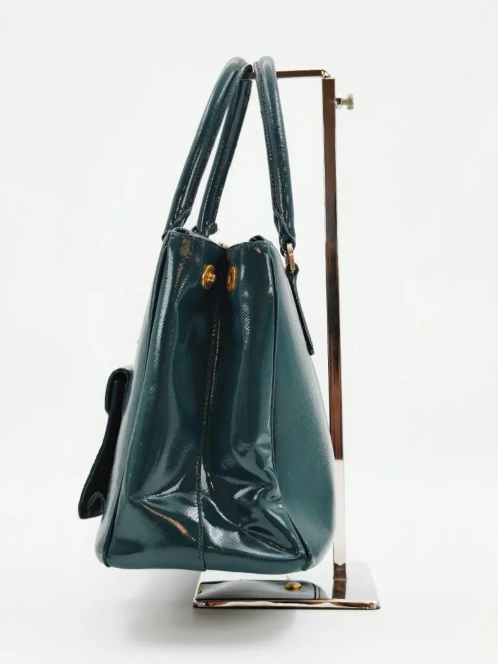 PRADA Vintage Green Saffiano Patent Leather Top Handle Handbag Gold Hardware